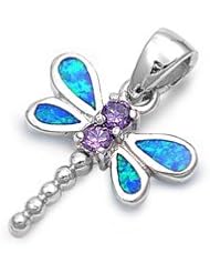 Sterling Silver Womens Blue Fire Opal Amethyst CZ Dragonfly Pendant Charm 20mm with 1mm Box Chain