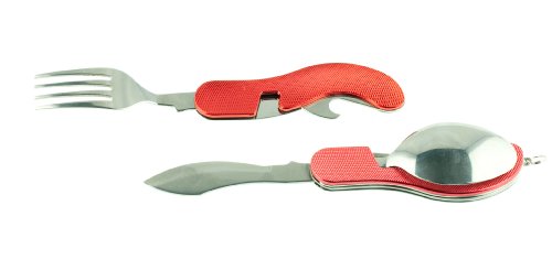 Huntington lot de couverts de camping 4-pièces (couteau, fourchette, cuillère, ouvre bouteille) en métal, rouge