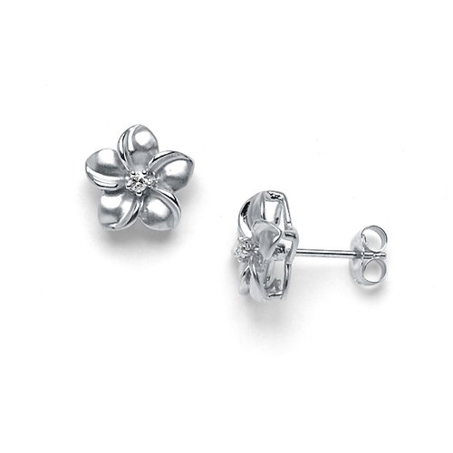 Plumeria Earrings with Diamonds in 14K White Gold - 11mm