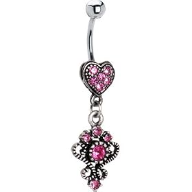Antique Silver Victorian Heart Pink Gem Dangle Belly Ring