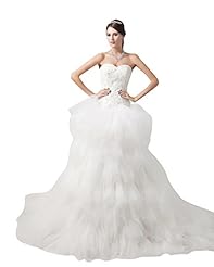 A-line Strapless Floor Length Sweetheart Dropped   Waistline Tulle Lace  Dress with a Chapel Train 