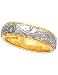 18K Yellow Gold - 6mm Two Tone Hand Engraved Band