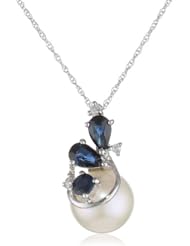 10k White Gold Sapphire, Freshwater Cultured Pearl and Diamond Pendant Necklace (0.03 cttw GH, Color, I2-I3 Clarity), 17"