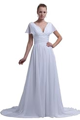 V-neck Belted Chiffon  Dress with a Court Train 