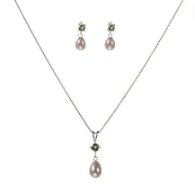 Sterling Silver Pearl/Peridot Pend Neckl & Earrings White - 18"