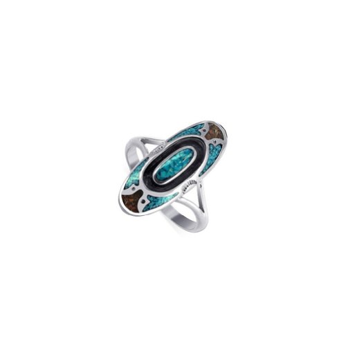 925 Sterling Silver Turquoise and Coral Oblong Shape Southwestern Style Ring
