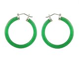 Green Jade Skinny Hoop Earrings, 925 Sterling Silver