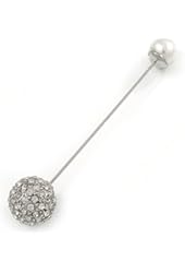 Vintage Inspired Crystal Ball, Pearl Lapel, Hat, Suit, Tuxedo, Collar, Scarf, Coat Stick Brooch Pin In Silver Tone Metal - 80mm L