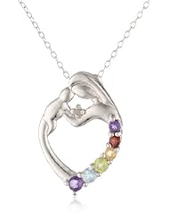 Sterling Silver, Diamond Accent and Multi-Gemstone Child and Mother Heart Pendant Necklace, 18"