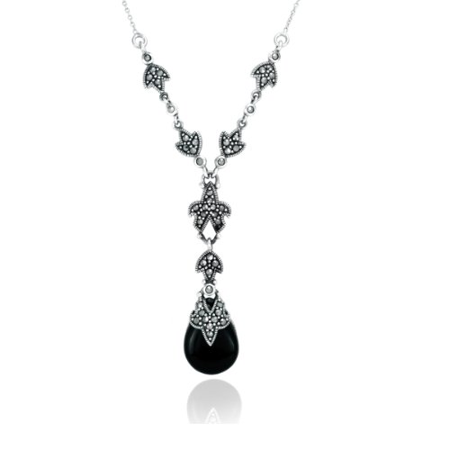 Sterling Silver Marcasite and Onyx Teardrop Necklace