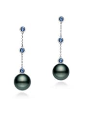 PremiumPearl 9-12mm AAA Quality Black Tahitian Pearl Earrings 14K Gold and Sapphires