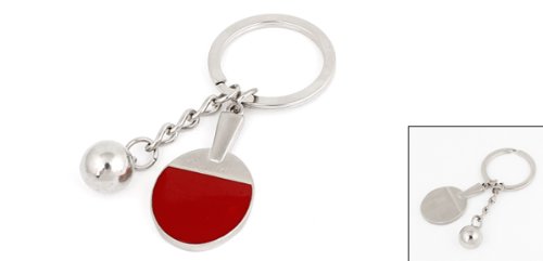 Silver Tone Red Table Tennis Racket Ball Pendant Keychain