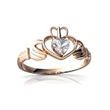 14k Rose Gold Heart Genuine White Topaz Celtic Claddagh Ring