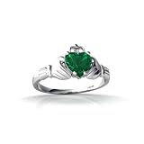 14K White Gold Heart Created Emerald and Diamond Celtic Claddagh Ring
