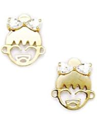 14k Yellow Gold CZ Small Girl With Bow Screwback Earrings - Measures 10x9mm - JewelryWeb