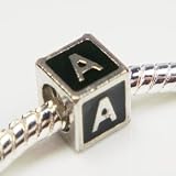 Antique Silver Black Enamel Dice Cube Letter A Spacer Bead Charm For Pandora, Troll, Biagi, Chamilia, And Many More Bracelets.