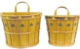 Decorative Rustic Hand-Crafted Wall Mounted Hung Hanging Wood Baskets With Leather Straps And Hand-Painted Pine Trees Set Of 2 In 2 Sizes
