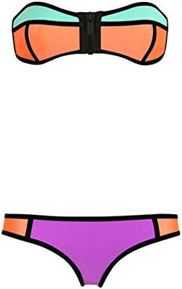 Colour Block Wet Suit Neoprene Push up Bikini Set Swimsuit Swimwear (XL, purple)