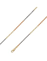 14K Solid TriColor Gold DC Diamond Cut Rope Chain Necklace 2mm (5/64 in.) 24 in.