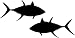 Two opposing silhouettes of a TUNA 6 inch high vinyl decal available in two colors, BLACK and WHITE.