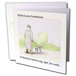 Londons Times Funny Medicine Cartoons - Dr. Rorschach Takes Dog -Spot- For A Walk - Greeting Cards-12 Greeting Cards with envelopes