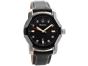Bulova 98D117 Stainless Steel Eight Diamonds And Rose Gold Black Leather Strap Watch Image of Bulova 98D117 Stainless Steel Eight Diamonds And Rose Gold Black Leather Strap Watch