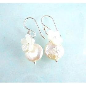 Sterling Silver Bahama White Coin Pearl and Carved Mother-of-Pearl Flower Earrings