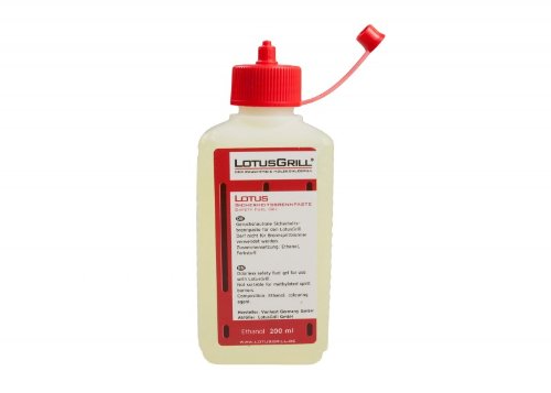 Lotusgrill Sicherheitsbrennpaste aus Bio-Ethanol - Geruchsneutral. Zusammensetzung: Ethanol, Farbstoff. Füllmenge: 200ml