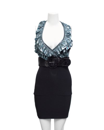 Ladies Turquoise Metallic V Cut Ruffled Halter Top Black Dress with Belt