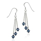 Sterling Silver Dangling Genuine Dark Blue Swarovski Crystal Earrings
