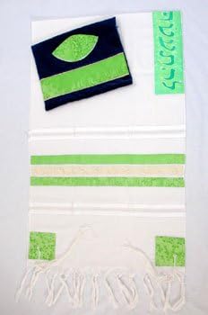 Reffael Green Stripes Tallit Prayer Shawl + Matching Bag and Kipa