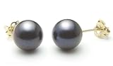 AAA Quality Round 7.5-8mm Akoya SaltWater cultured Black Pearl Earrings with 14K Yellow Gold Mount