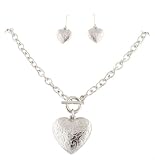 Ladies Silver Antique Style Heart Pendant with an 18 Inch Locket Link Chain Necklace with Matching Dangle Earrings Jewelry Set