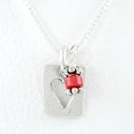 Small Rectangular Cut Out Heart Pendant in Sterling Silver with Coral Bead Accent on an 18" Sterling Box Chain, #8308