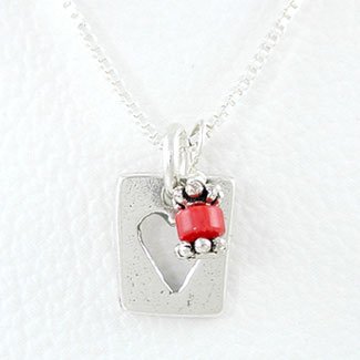 Small Rectangular Cut Out Heart Pendant in Sterling Silver with Coral Bead Accent on an 18" Sterling Box Chain, #8308