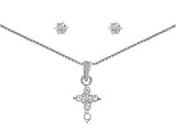 Sterling Silver Baby White CZ Stud with Tiny Cross White CZ Pendant on 16+2in Chain Necklace Set