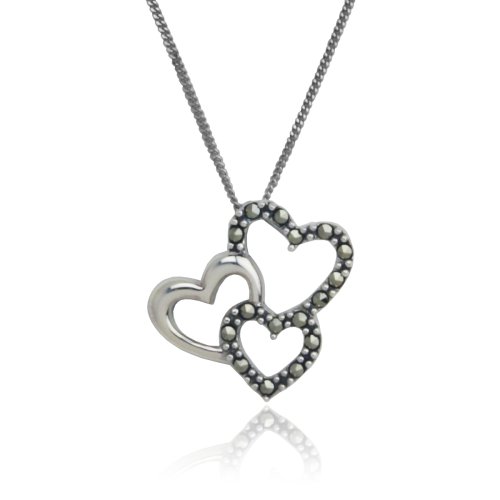 Sterling Silver Marcasite Three Hearts Cluster Pendant, 18″
