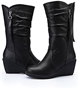 Hello 999 Black Leather Boots for Women. (7.5, (24.0 cm), Black Wedge)
