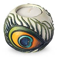 NOVICA Resin candleholder Indian Peacock (pair)