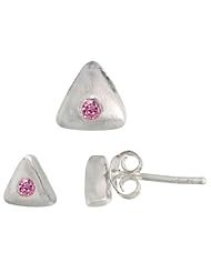 Sterling Silver Matte-finish Triangular Earrings (6mm tall) & Pendant Slide (7mm tall) Set, w/ Brilliant Cut Pink Tourmaline-colored CZ Stones