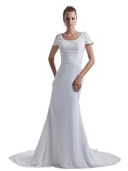 Mermaid Chiffon Spring Summer Fall Winter Scoop Neck Beaded Sequined Ruched Cap Sleeves Wedding Dress  with a Court Train  With a Ribbon  and a Sash 