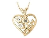 Diamond Flower Basket and Heart MOM Pendant 14K Yellow Gold