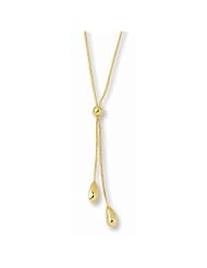 14K Yellow Gold 17" 0.8mm Round Snake Chain With 2 Polish Tear Drop Like Lariats Necklace With Spring Ring Clasp