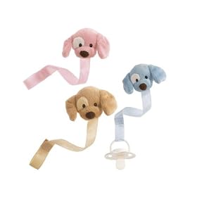 Gund Spunky Puppy Pacifier Clip in Blue, Pink or Tan