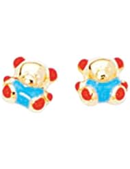 14k Yellow Gold Blue/Orange Enamel Teddy Bear Child/Baby Earrings