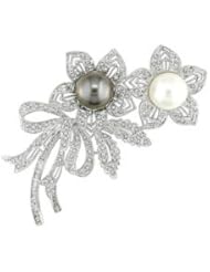 18k White Gold 10-10.5 MM South Sea Cultured Pearl, White and Brown Diamond Brooch (1.6375 Cttw, G-H Color, SI2 Clarity)