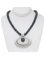 Black Freshwater Pearl Strand with Wide Oval Sterling Silver Enhancer Pendant with Drop Pearl Accent
