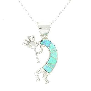 Southwestern Blue Opal Inlaid Kokopelli Pendant in Sterling Silver by Native American Indian Artist Calvin Begay on 16" Sterling Bead and Bar Chain , #7778