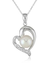 Bella Pearl Fancy Heart and Cubic Zirconia Pendant Necklace, 17"