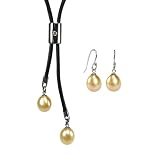 Forever Friends Peach Pink Cultured Pearl Leather Bar Slider Lariat Necklace & Pearl Drop Earrings Sterling Silver Set